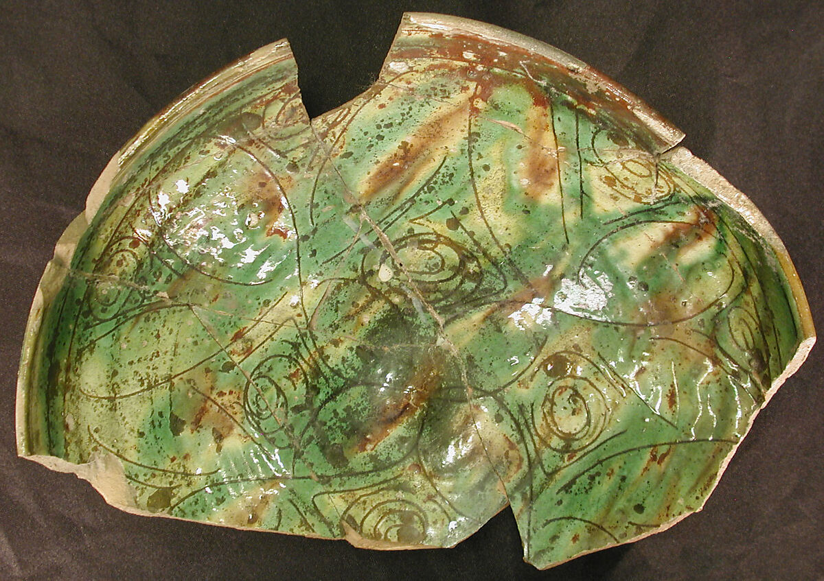 Bowl, Earthenware; white slip, incised and splashed with polychrome glazes under transparent glaze (sgraffito ware)