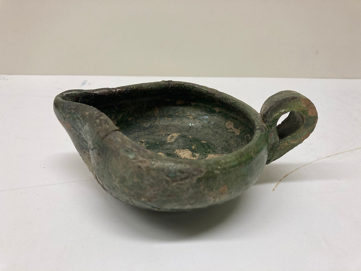 Lamp, Earthenware; red body under green glaze 