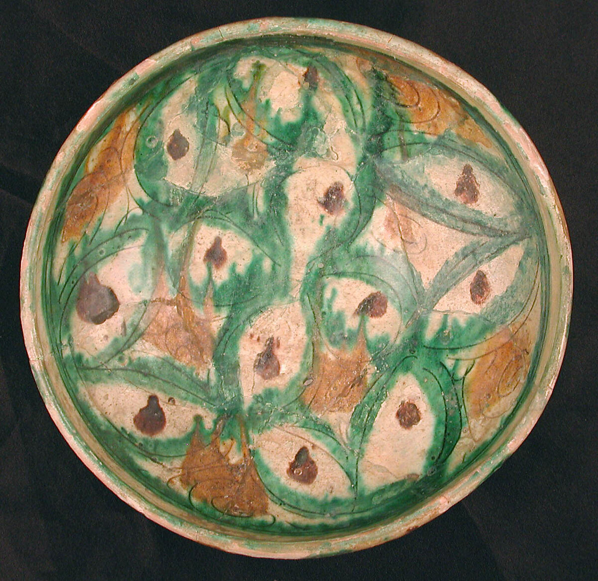 Bowl, Earthenware; white slip, incised and splashed with polychrome glazes under transparent glaze (sgraffito ware) 