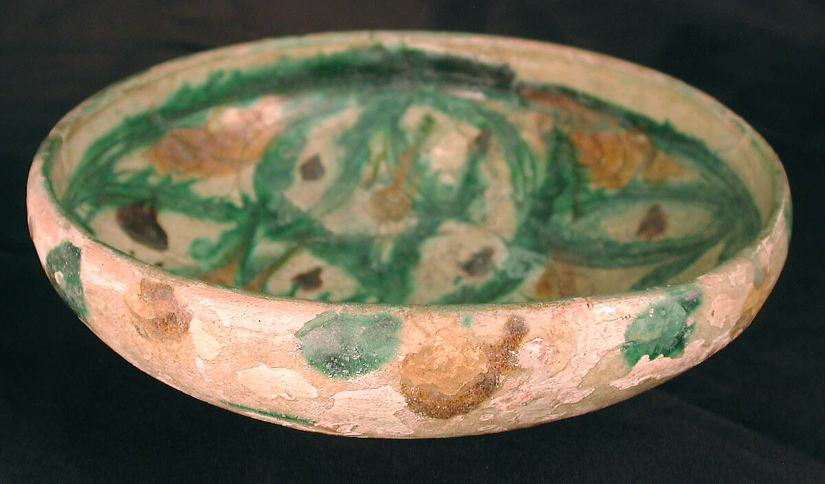 Bowl, Earthenware; white slip, incised and splashed with polychrome glazes under transparent glaze (sgraffito ware)