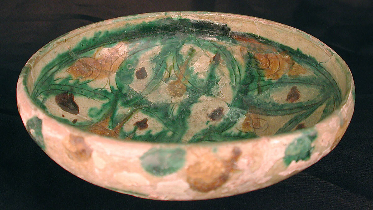 Bowl, Earthenware; white slip, incised and splashed with polychrome glazes under transparent glaze (sgraffito ware)