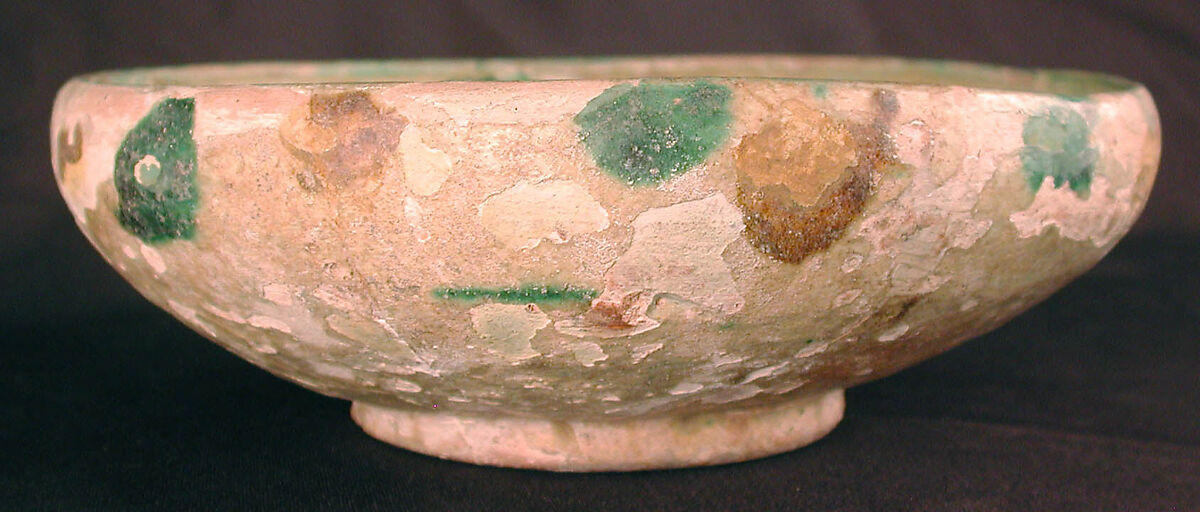 Bowl, Earthenware; white slip, incised and splashed with polychrome glazes under transparent glaze (sgraffito ware)
