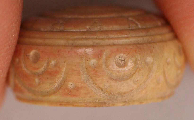 Button or Bead, Bone; tinted, incised, and inlaid with paint