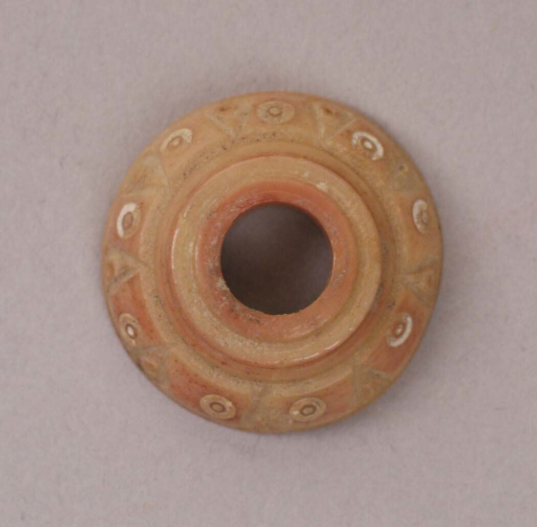 Button or Bead, Bone; tinted, incised, and inlaid with paint 