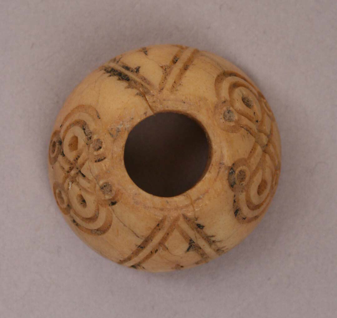 Button or Bead or Spindle Whorl, Bone; incised and inlaid with paint 