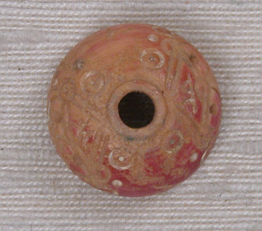 Button or Bead, Bone; tinted, incised, and inlaid with paint