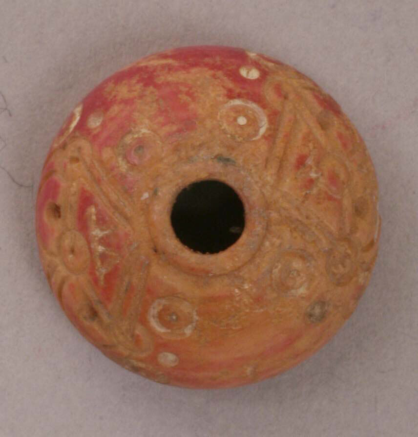 Button or Bead, Bone; tinted, incised, and inlaid with paint 