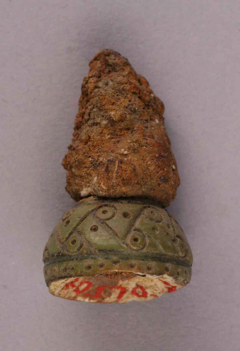 Button or Bead, Bone; tinted, incised, and inlaid with paint
Iron; remains of pin 