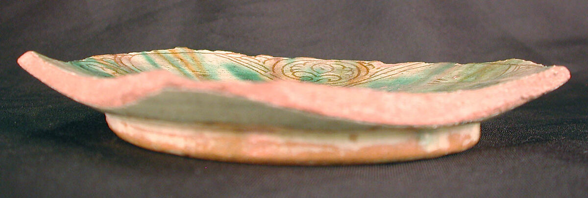 Ceramic Fragment, Earthenware; white slip, incised and splashed with polychrome glazes under transparent glaze (sgraffito ware)