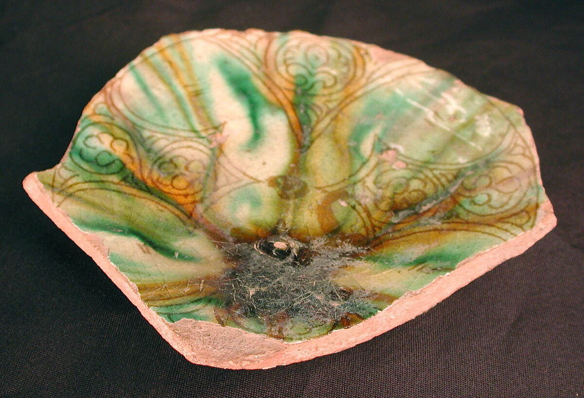 Ceramic Fragment, Earthenware; white slip, incised and splashed with polychrome glazes under transparent glaze (sgraffito ware)