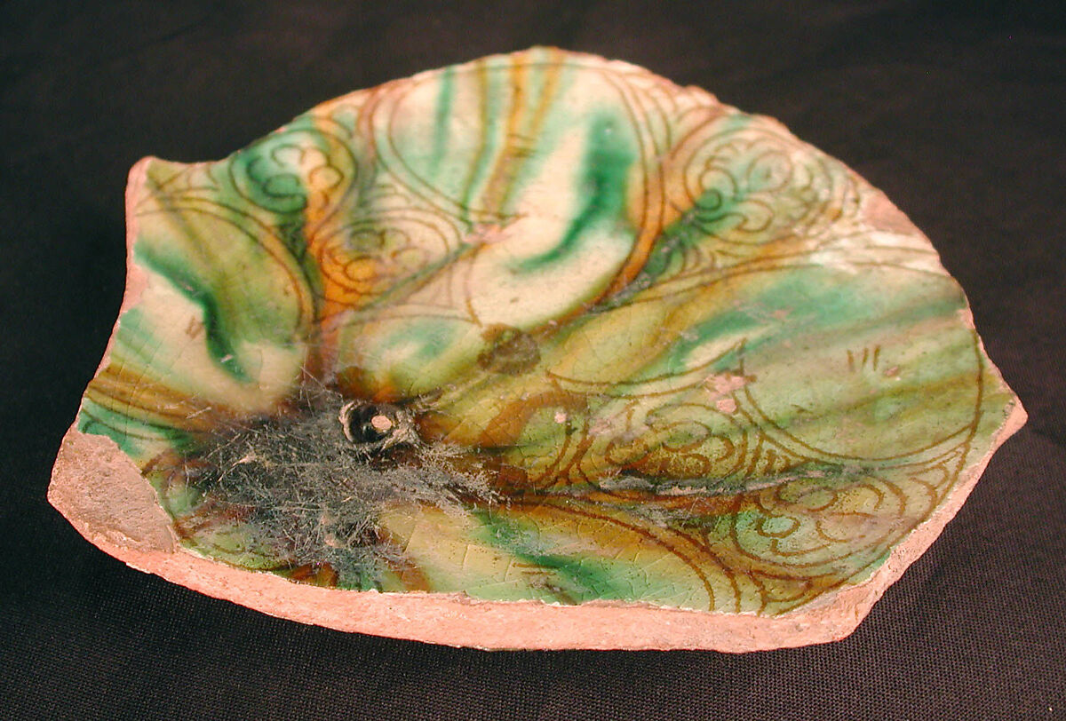 Ceramic Fragment, Earthenware; white slip, incised and splashed with polychrome glazes under transparent glaze (sgraffito ware)