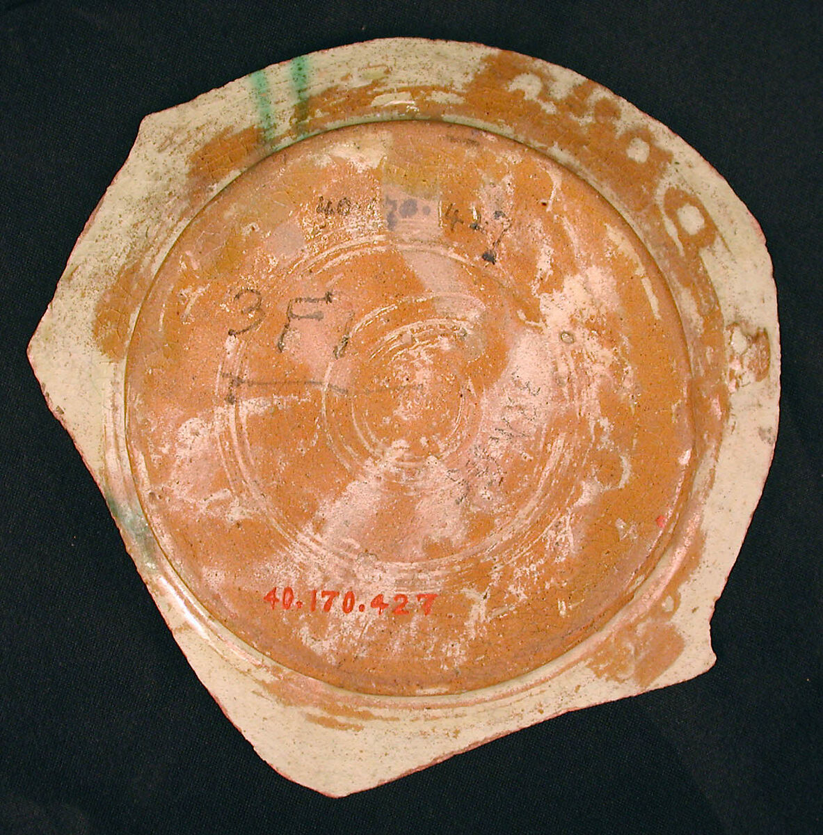 Ceramic Fragment, Earthenware; white slip, incised and splashed with polychrome glazes under transparent glaze (sgraffito ware)