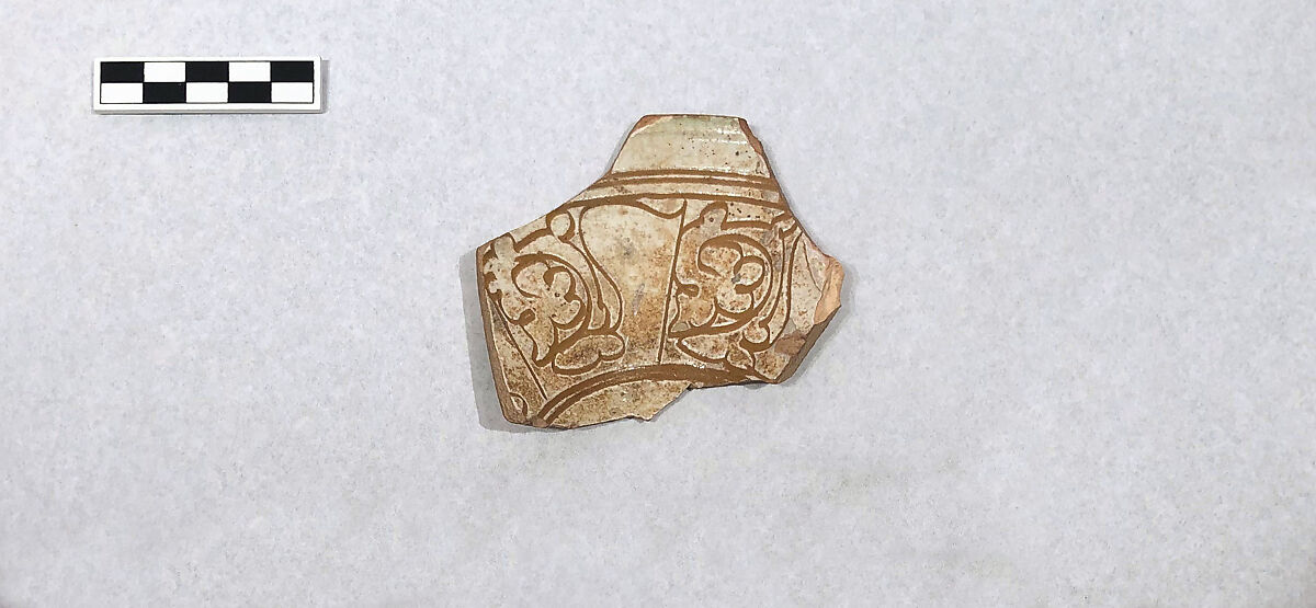 Ceramic Fragment, Earthenware; white slip, incised decoration, glazed (sgraffito ware) 