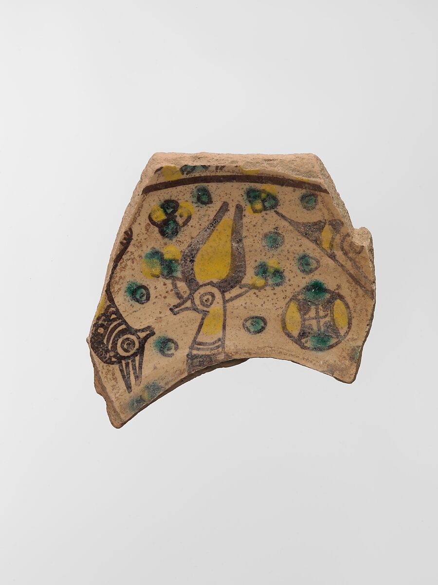 Buff Ware Fragment with Horned Animals, Earthenware; polychrome decoration under transparent glaze (buff ware) 