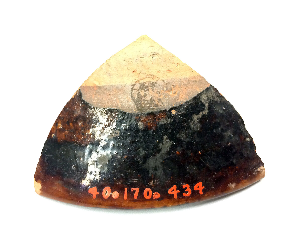 Ceramic Fragment, Earthenware; red body, purplish black slip, white slip decoration