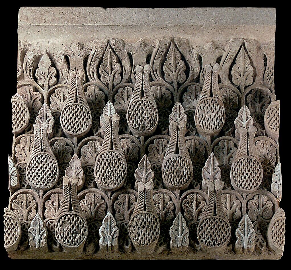 Fragment of a Cornice Panel, Stucco; applied, and carved