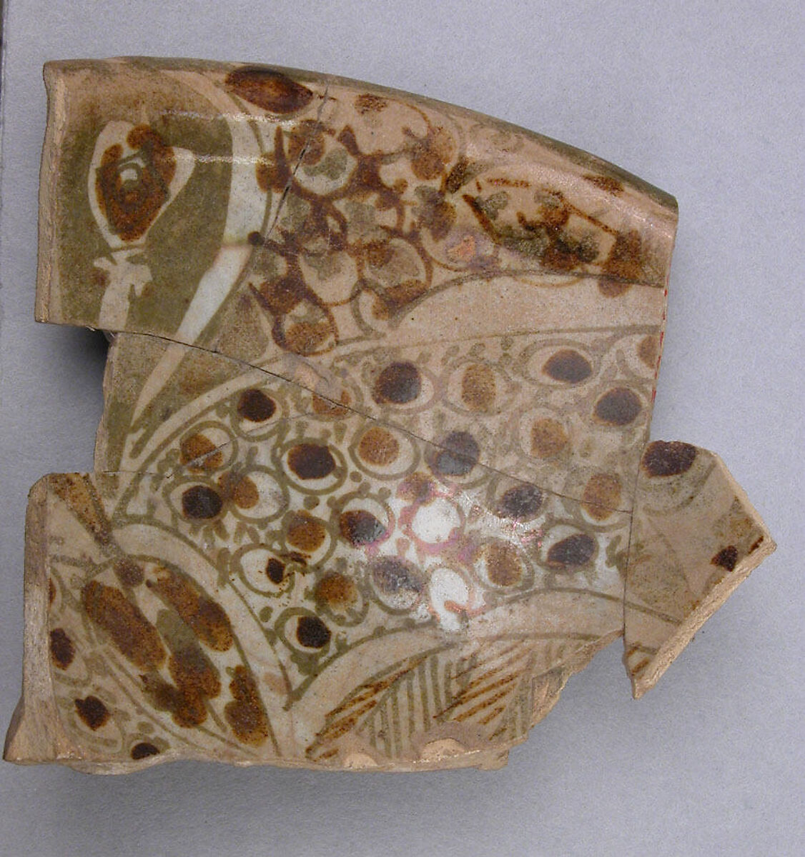 Fragment, Earthenware; luster-painted on opaque white glaze 