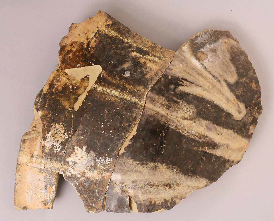 Ceramic Fragment, Earthenware; opaque white glaze, polychrome streaked glaze