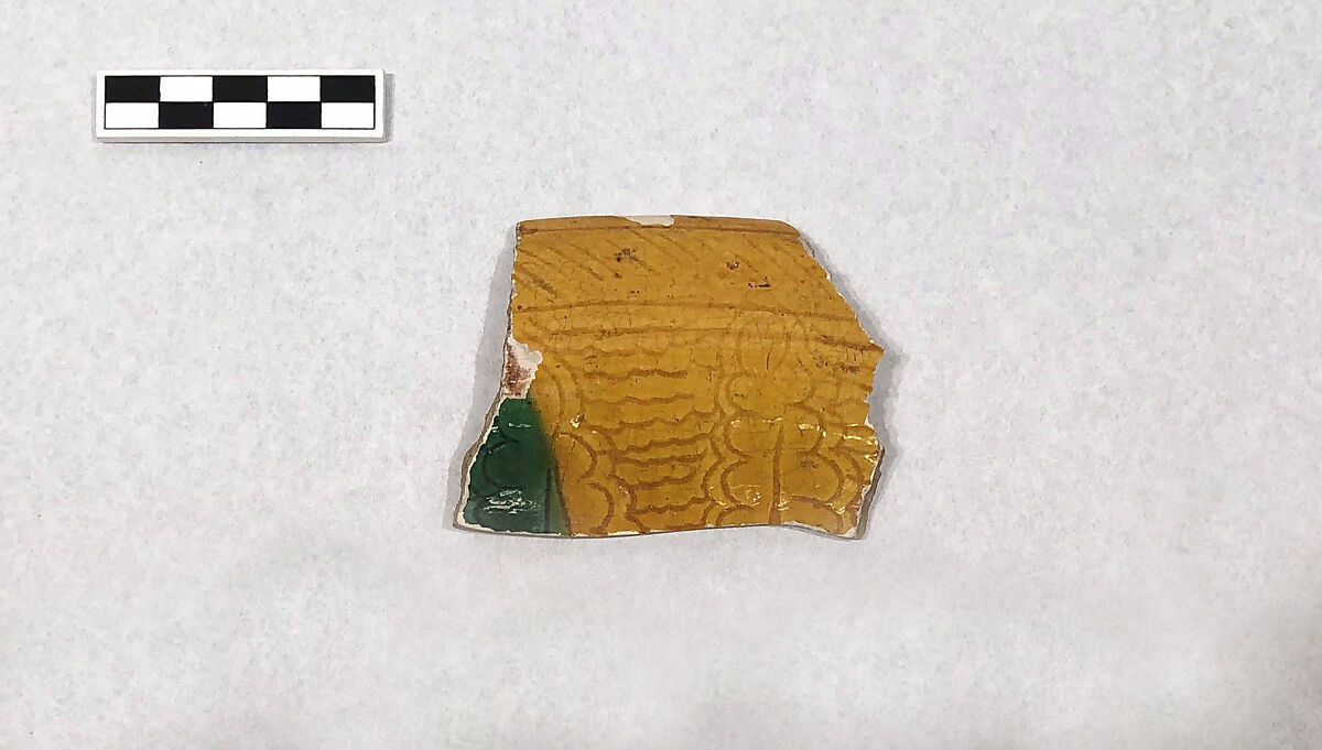 Ceamic Fragment, Earthenware; white slip, incised and splashed with polychrome glazes under transparent glaze (sgraffito ware)