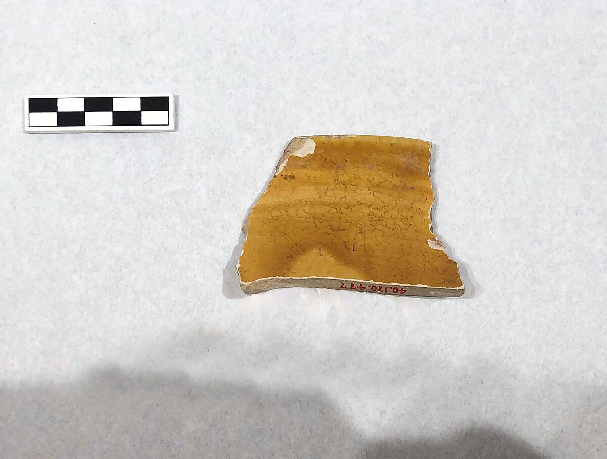 Ceamic Fragment, Earthenware; white slip, incised and splashed with polychrome glazes under transparent glaze (sgraffito ware) 