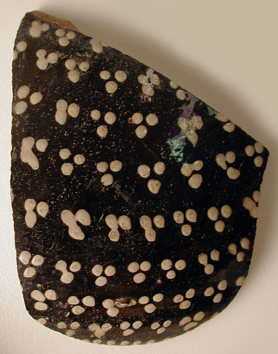 Fragment with Clusters of White Dots, Earthenware; black slip with white slip decoration under transparent glaze 