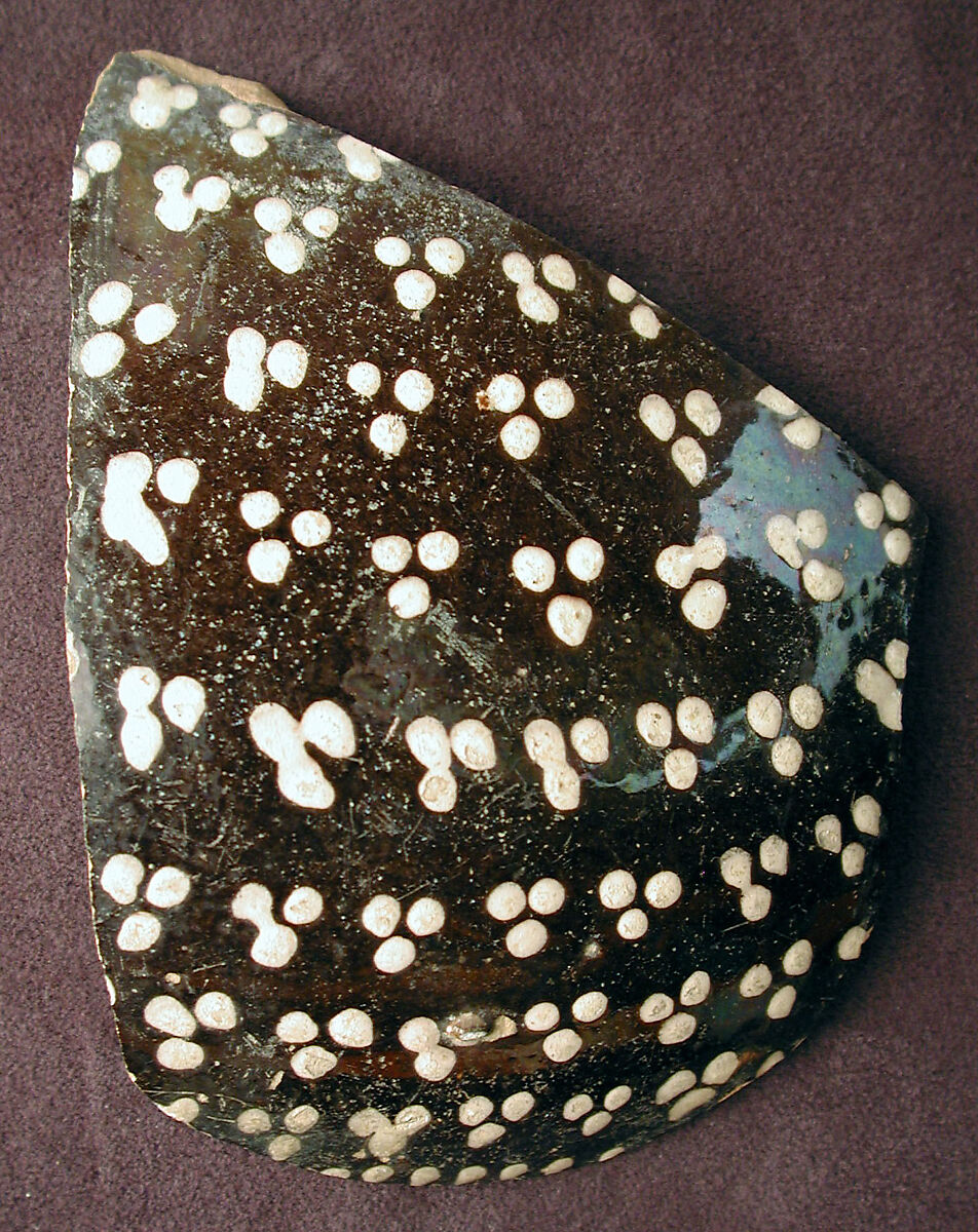 Fragment with Clusters of White Dots, Earthenware; black slip with white slip decoration under transparent glaze