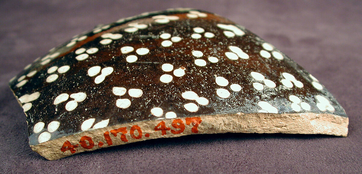 Fragment with Clusters of White Dots, Earthenware; black slip with white slip decoration under transparent glaze