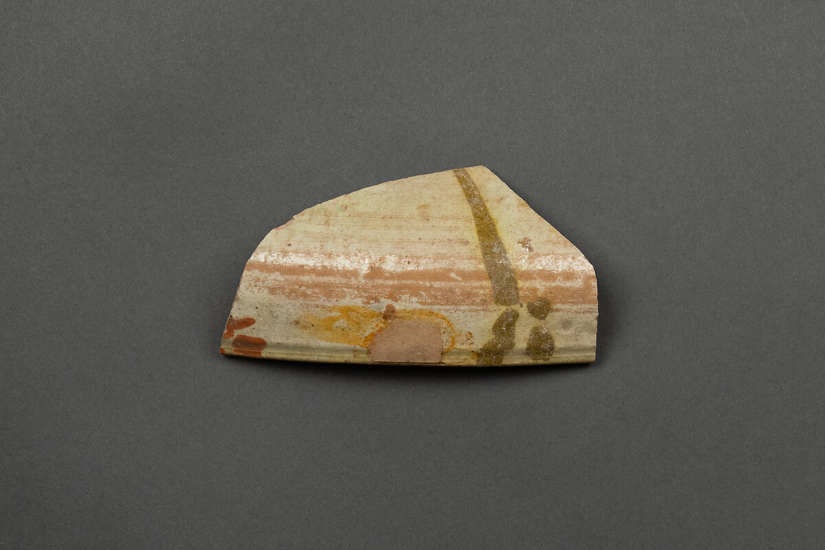 Ceramic Fragment, Earthenware; reddish body, white slip with polychrome slip decoration under glaze