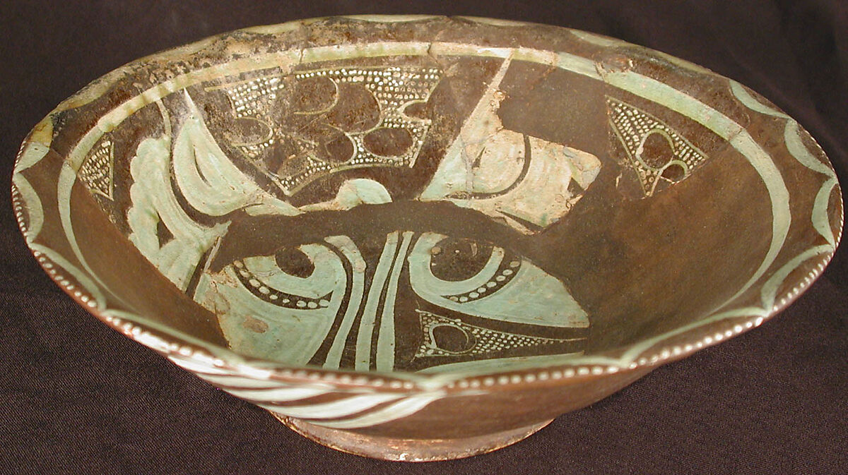Bowl, Earthenware; purplish slip and white slip decoration under transparent glaze