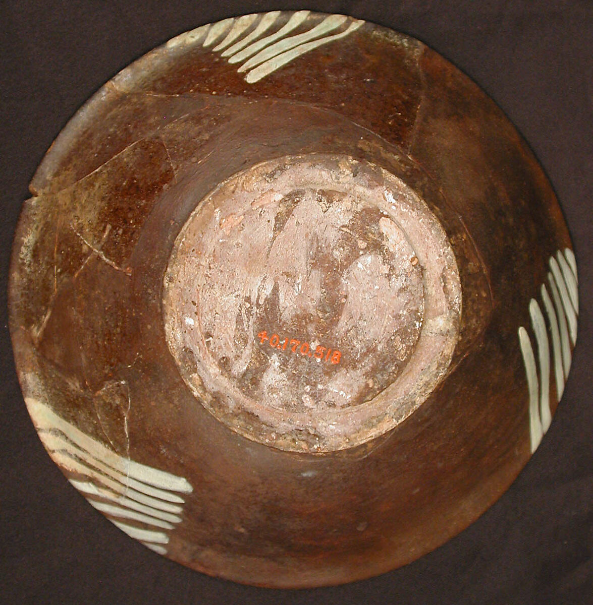 Bowl, Earthenware; purplish slip and white slip decoration under transparent glaze