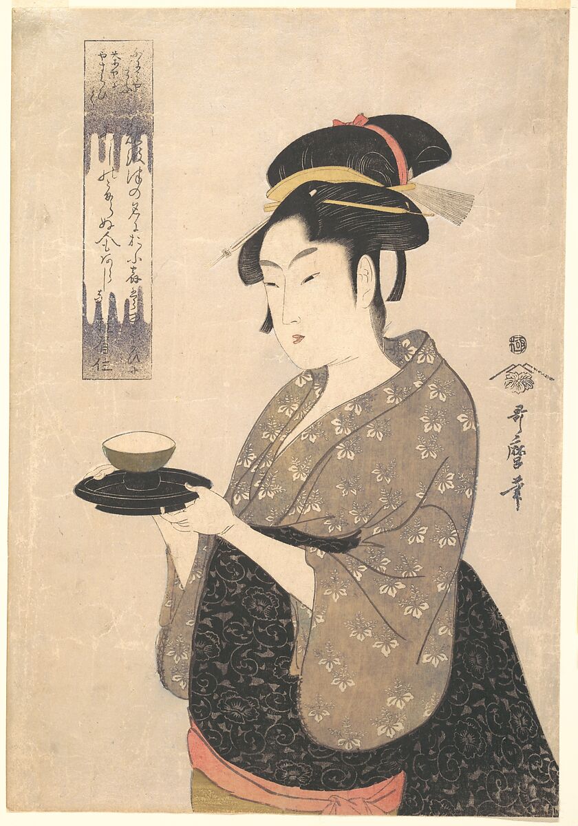 Okita of the Naniwaya Teahouse, Kitagawa Utamaro (Japanese, ca. 1754–1806), Woodblock print; ink and color on paper, Japan 