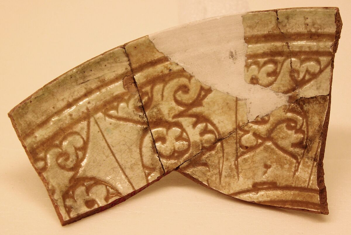 Ceramic Fragment, Earthenware; white slip, incised and splashed with polychrome glazes under transparent glaze (sgraffito ware) 