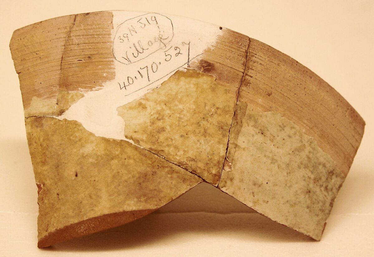 Ceramic Fragment, Earthenware; white slip, incised and splashed with polychrome glazes under transparent glaze (sgraffito ware)