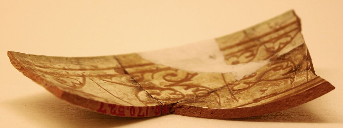 Ceramic Fragment, Earthenware; white slip, incised and splashed with polychrome glazes under transparent glaze (sgraffito ware)