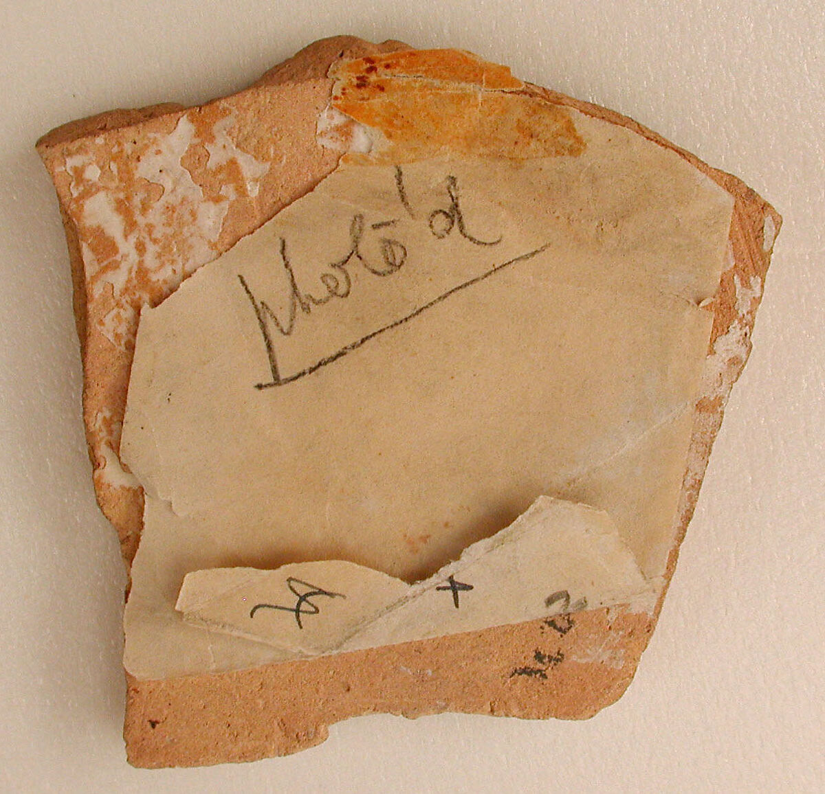 Ceramic Fragment, Earthenware; black slip with white slip decoration under transparent glaze