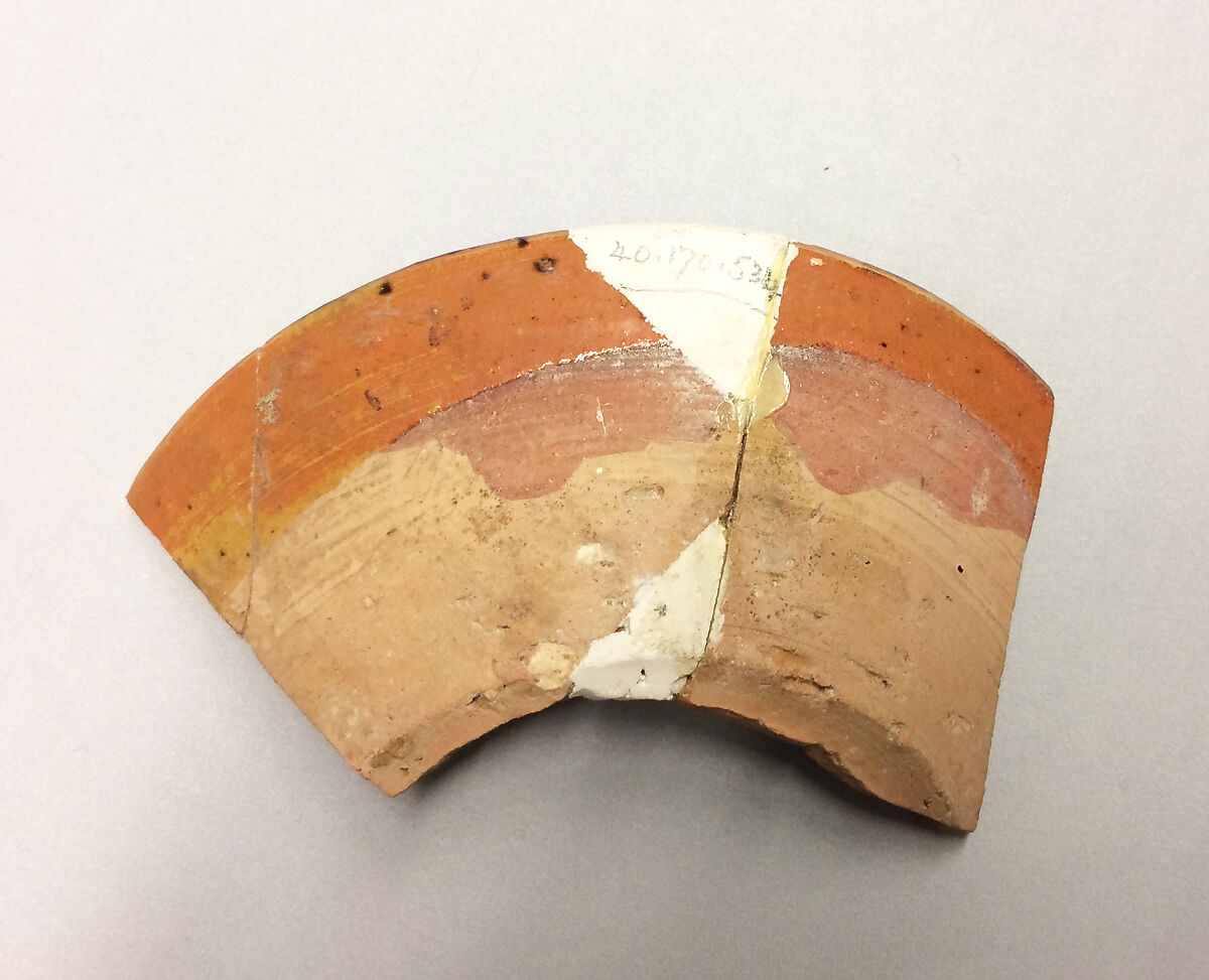 Fragment of a Bowl, Earthenware; reddish body, red slip, polychrome slip decoration under glaze
