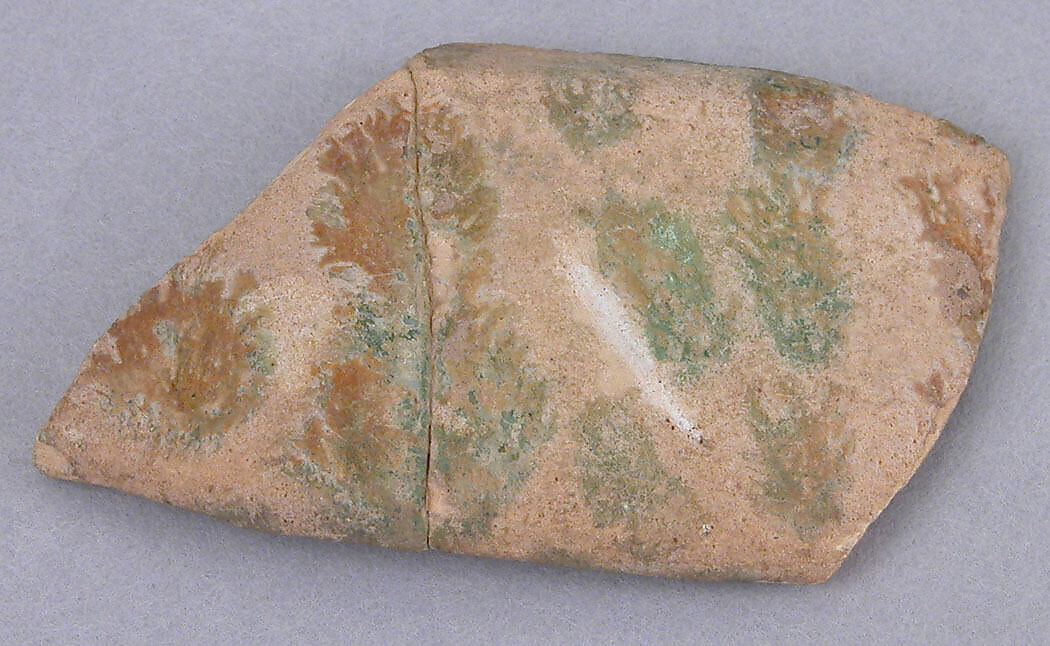 Ceramic Fragment, Earthenware; white slip, splashed green glaze 