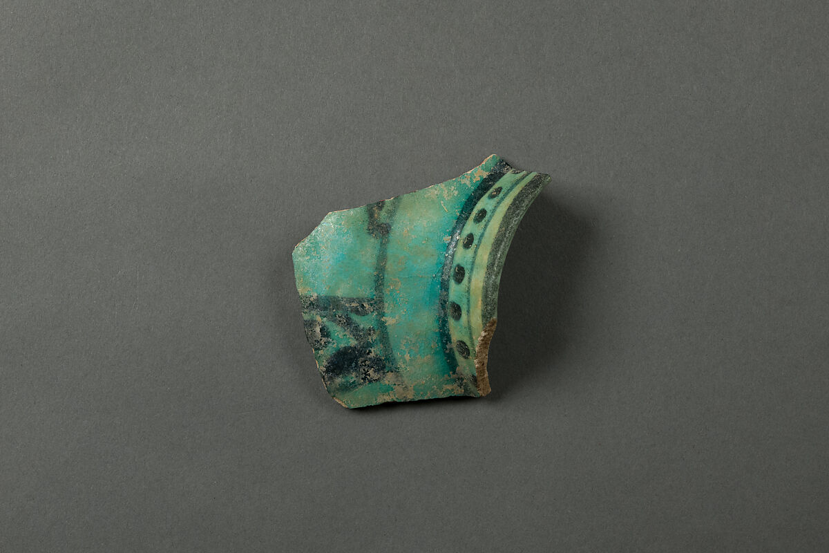 Fragment of a Jar, Earthenware; white gritty body and black slip decoration under light blue glaze 