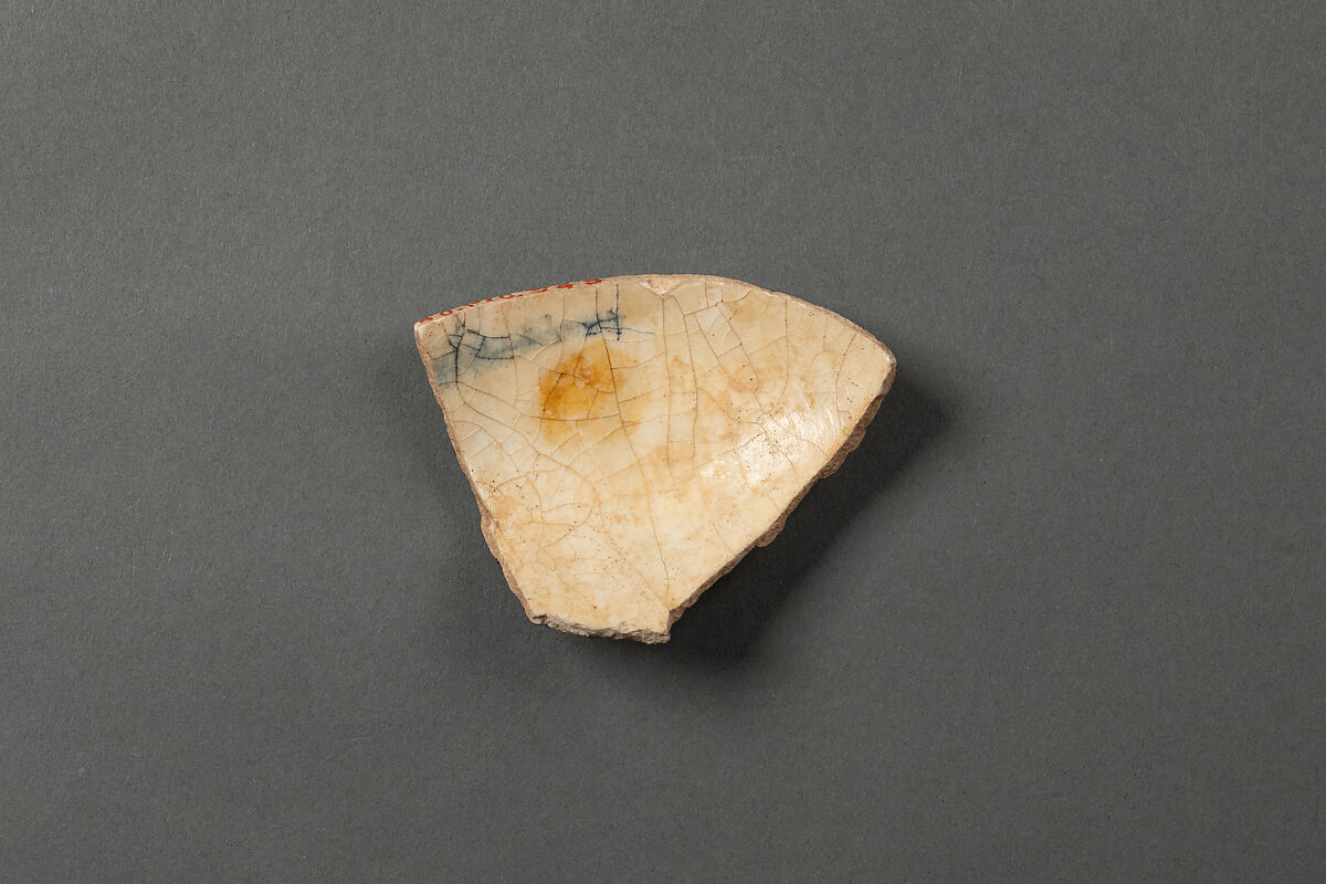 Ceramic Fragment, Earthenware; white mold-made body under colorless and dark blue (cobalt) splashed glaze