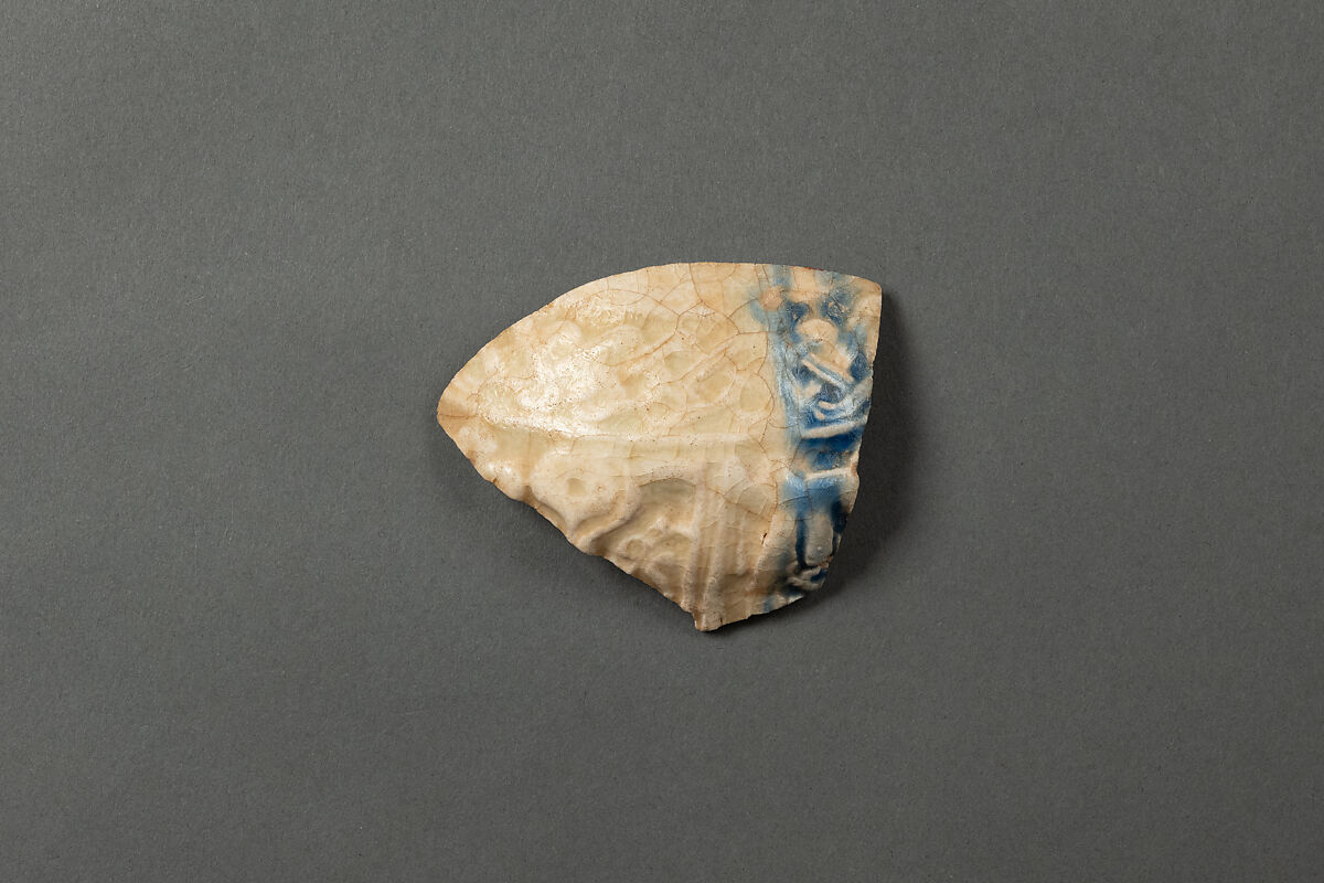 Fragment, Earthenware; white mold-made body under colorless and dark blue (cobalt) splashed glaze 