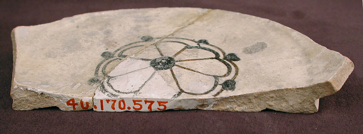 Fragment of a Bowl, Earthenware; white slip with black slip decoration under transparent glaze
