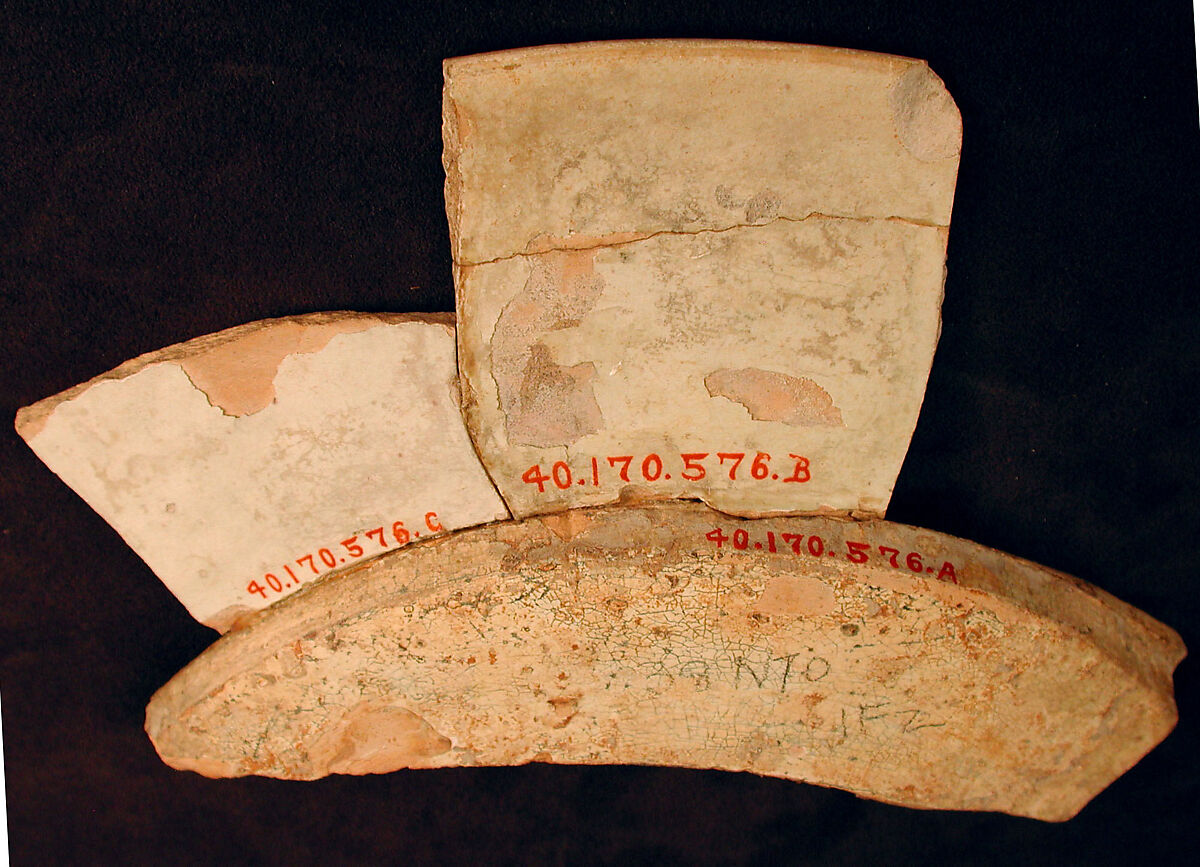 Plate Fragment, Earthenware; white slip with black slip decoration under transparent glaze