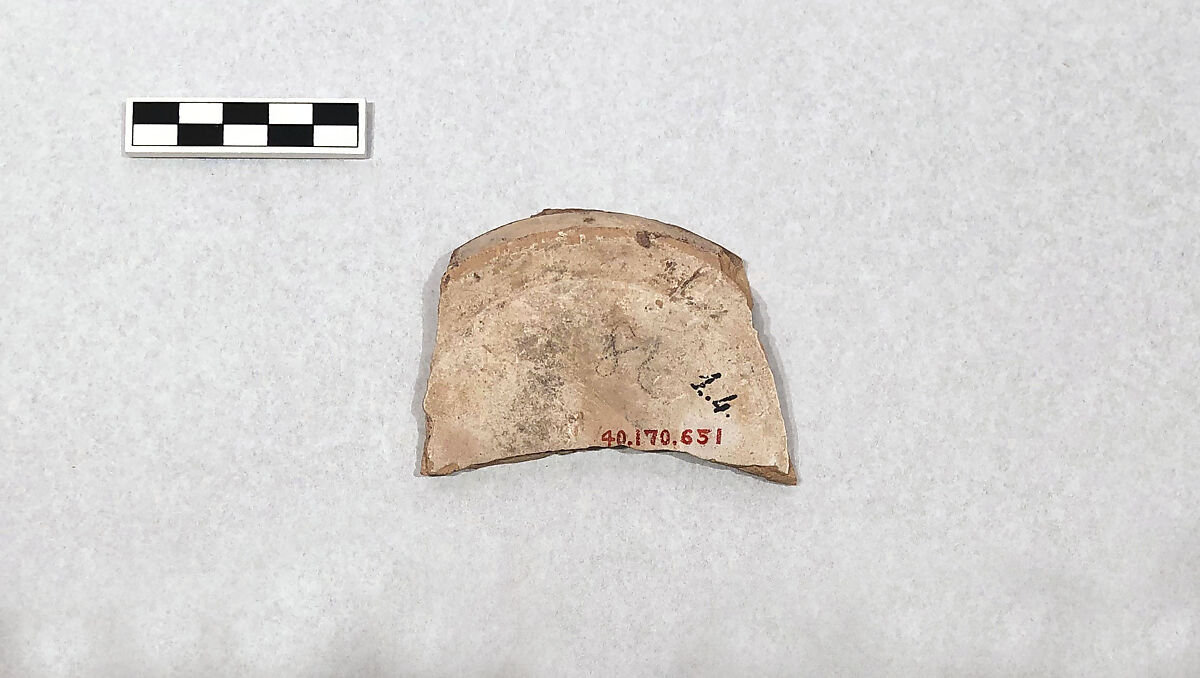 Fragment of a Bowl, Earthenware; reddish buff body, white slip, sgraffito decoration under purplish glaze