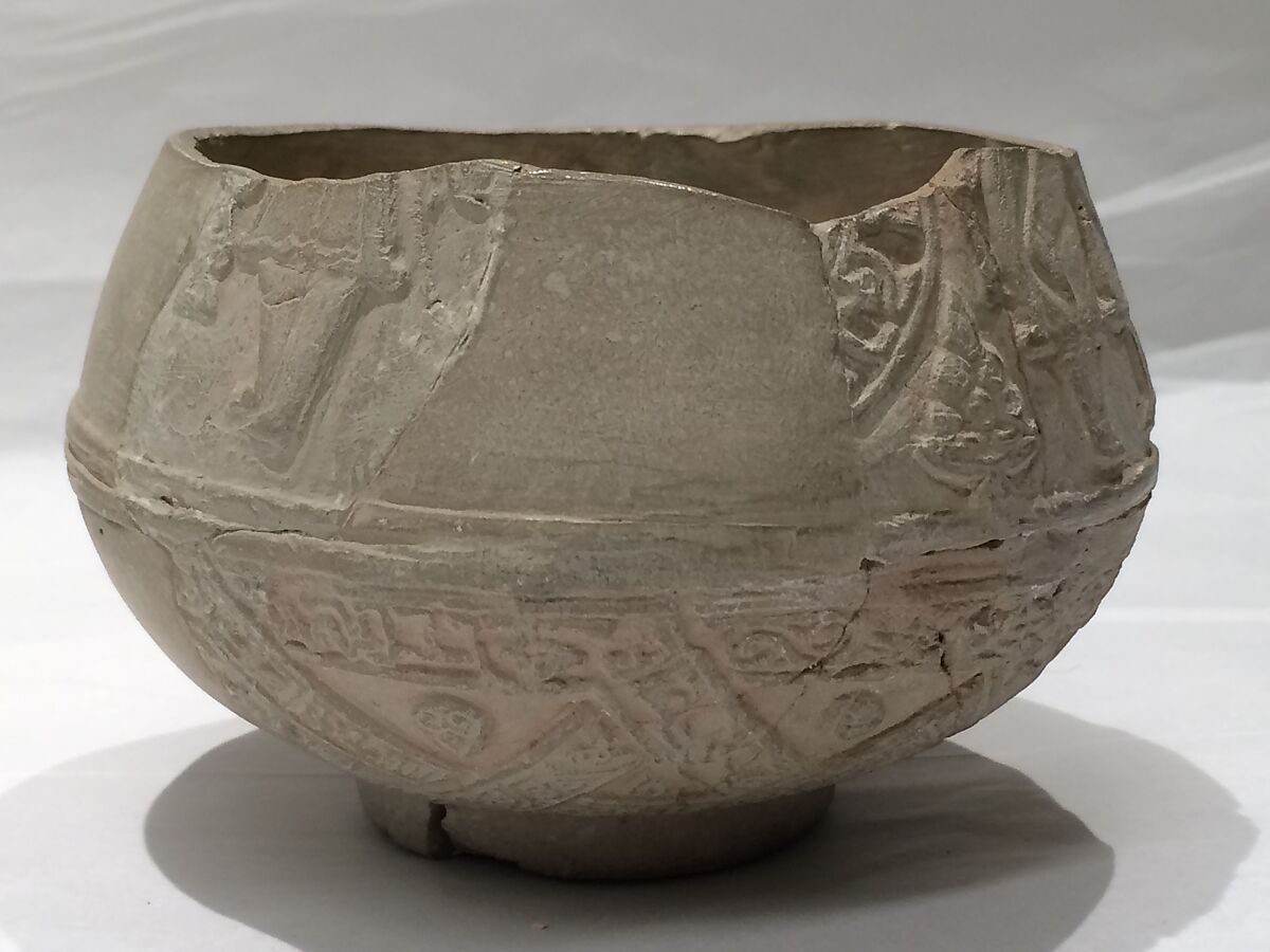 Fragment of an Ewer, Earthenware; slip covered and molded, unglazed