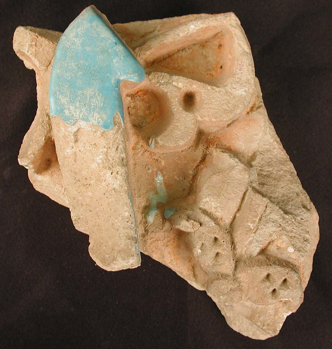 Tile Fragment, Earthenware; painted red, green-blue glaze