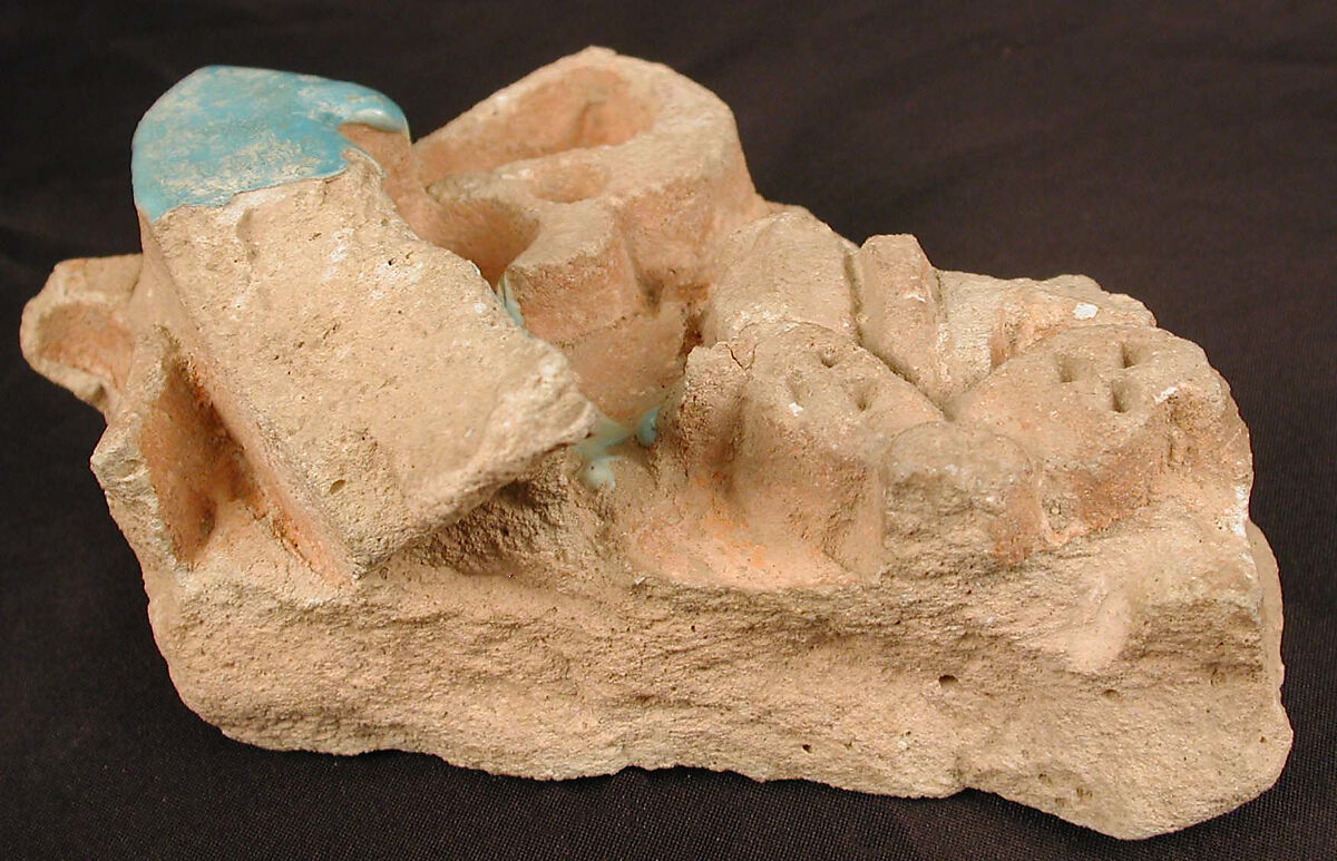 Tile Fragment, Earthenware; painted red, green-blue glaze