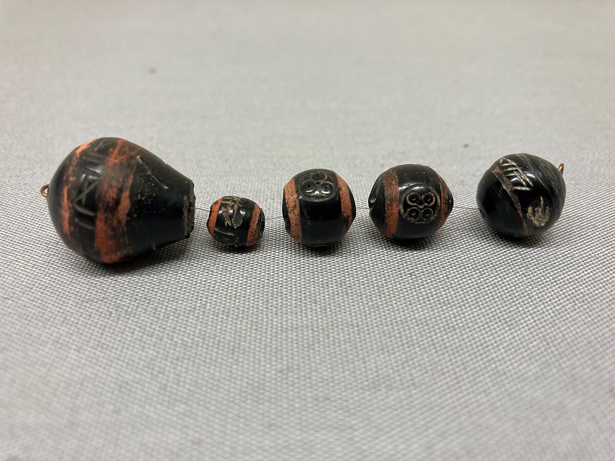 Stone Beads, Stone, probably jet; painted and incised