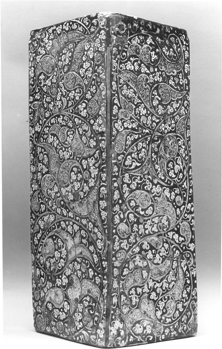 Three Corner Tiles, Stonepaste; modeled, inglaze painted in blue and luster-painted on opaque white glaze