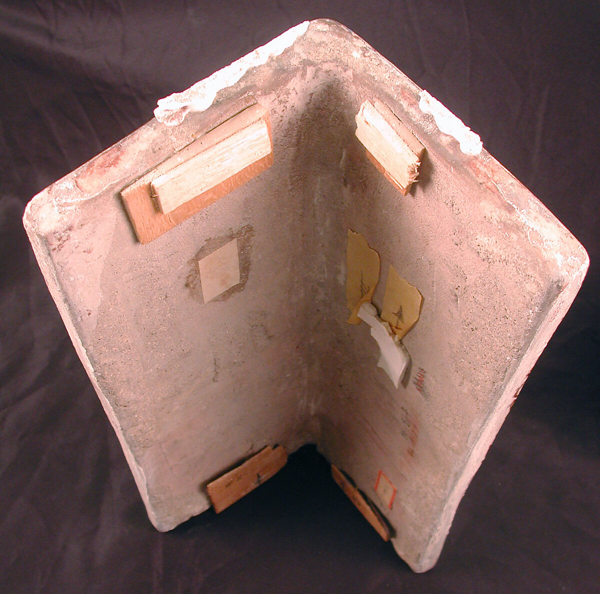 Three Corner Tiles, Stonepaste; modeled, inglaze painted in blue and luster-painted on opaque white glaze