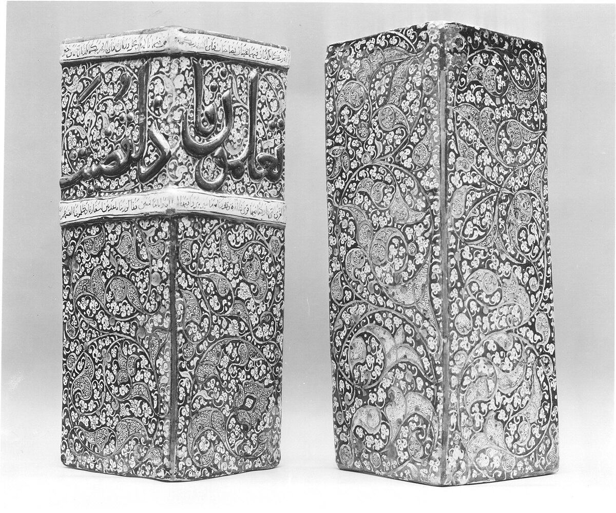 Corner Tile, Stonepaste; modeled, inglaze painted in blue and luster-painted on opaque white glaze